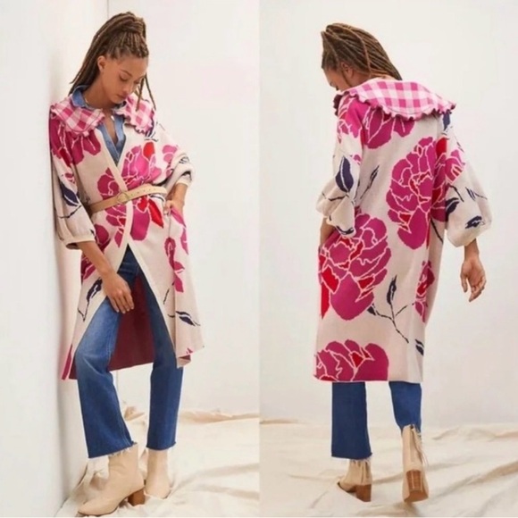 Anthropologie Sweaters - Anthropologie Bel Kazan Floral Gingham Removable Collared Duster Cardigan